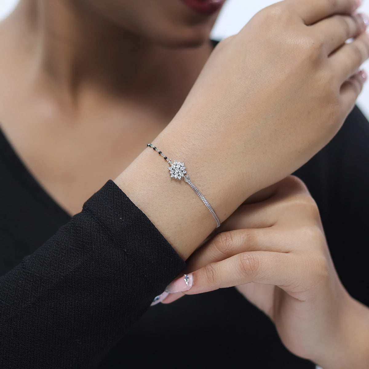 925 Silver Diamond Floral Mangalsutra Bracelet - 925 sterling silver mangalsutra by Tassya Silver