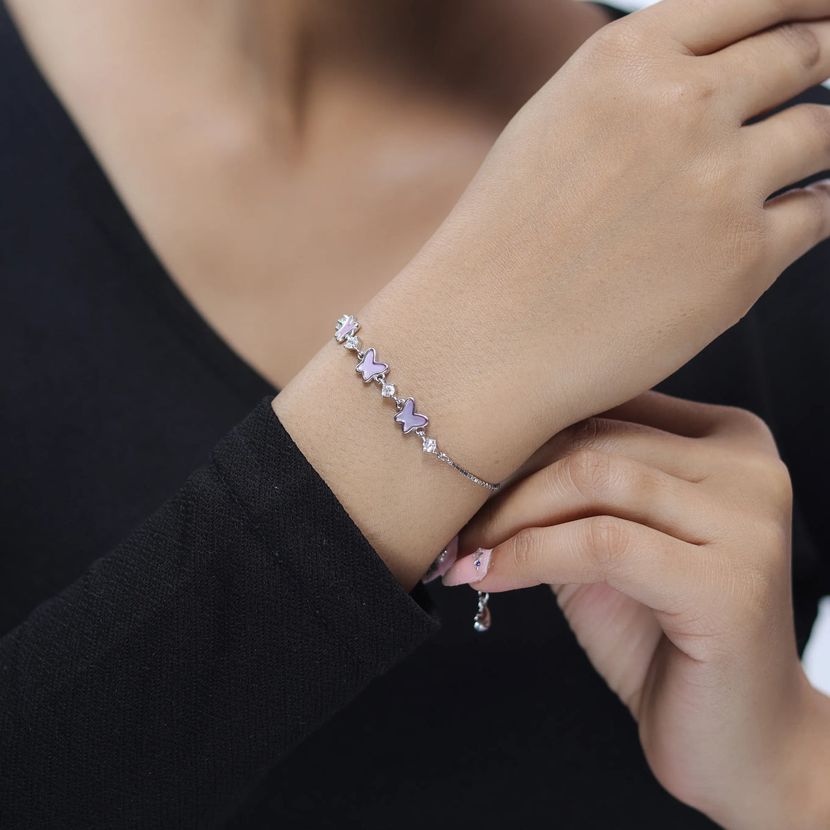 925 Silver Lavender Butterfly Charm Bracelet - 925 sterling silver bracelet by Tassya Silver
