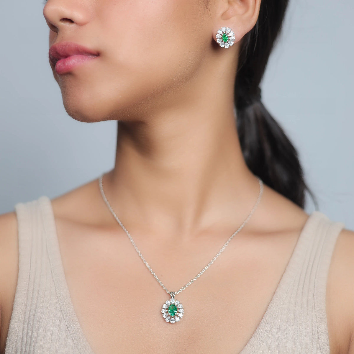 925 Silver Emerald Bloom Halo Set - 925 sterling silver jewellery set by Tassya Silver