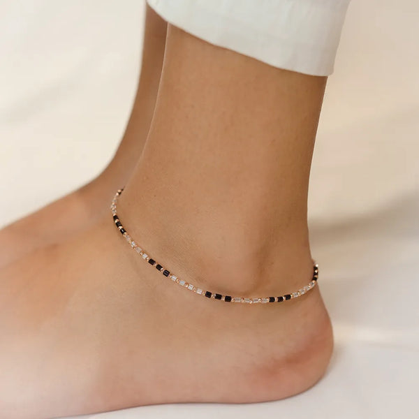 925 Silver Black Bead Minimal Anklet