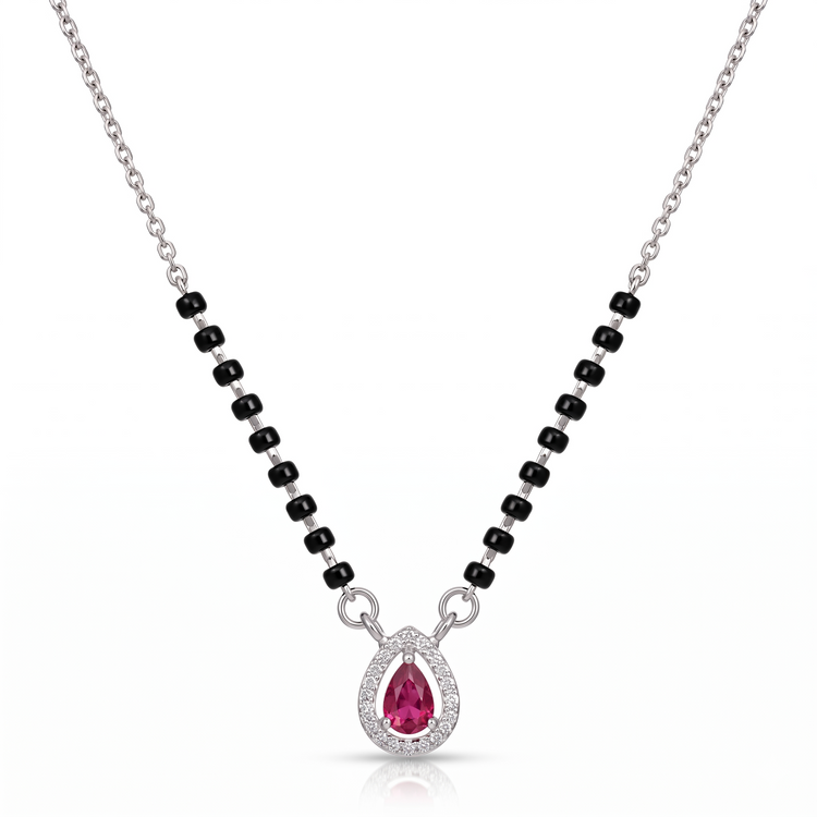 925 Silver Ruby Dewdrop Halo Black Bead Mangalsutra