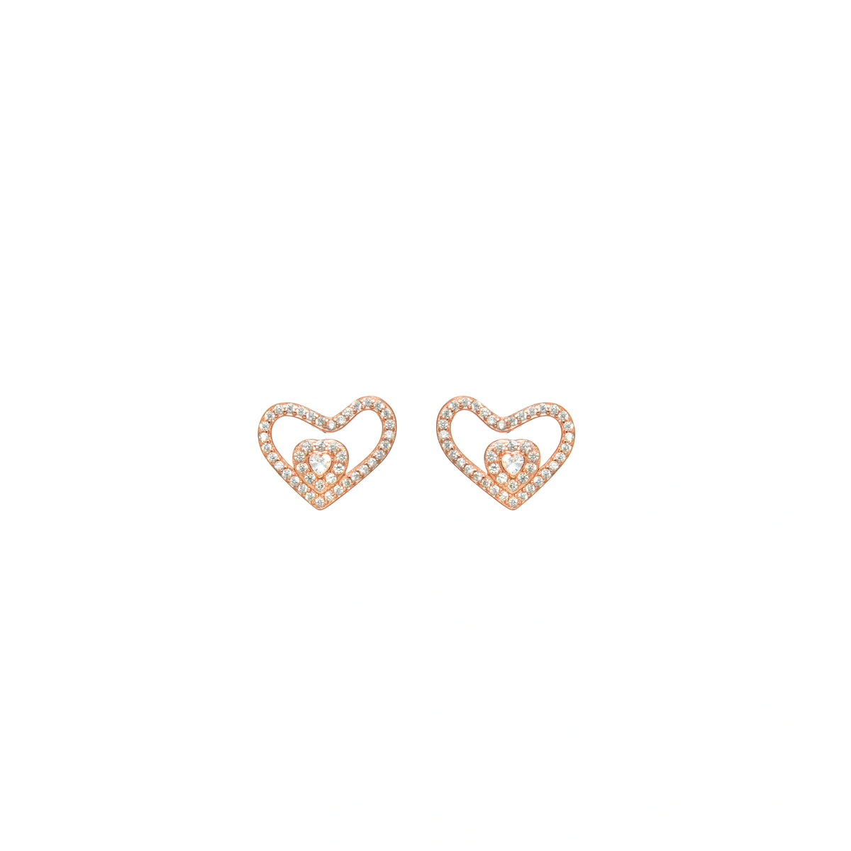 925 Silver Rose Gold Nested Heart Sparkle Studs - 925 sterling silver earrings by Tassya Silver