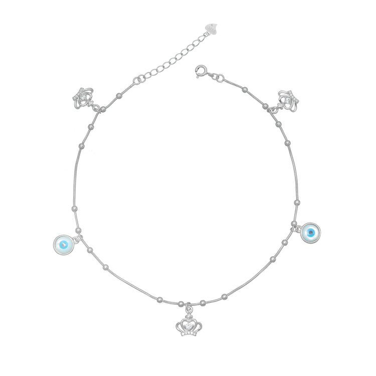 925 Silver Royal Evil Eye Crown Anklet - 925 sterling silver anklet by Tassya Silver