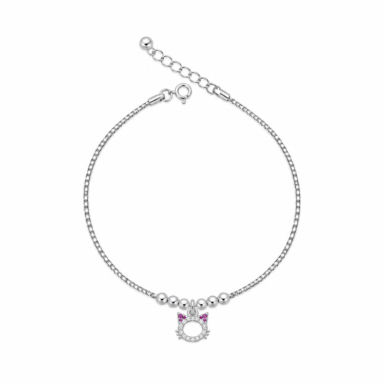 925 Silver Pretty Kitty Charm Anklet (Pack of 2)
