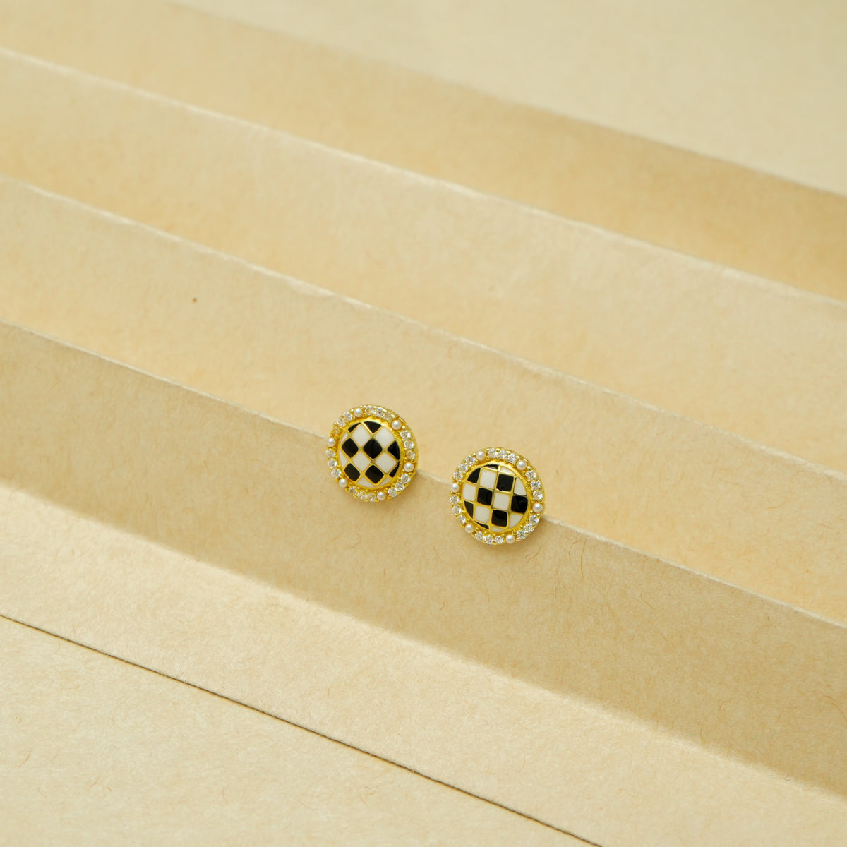 925 Silver Golden Checkered Halo Studs