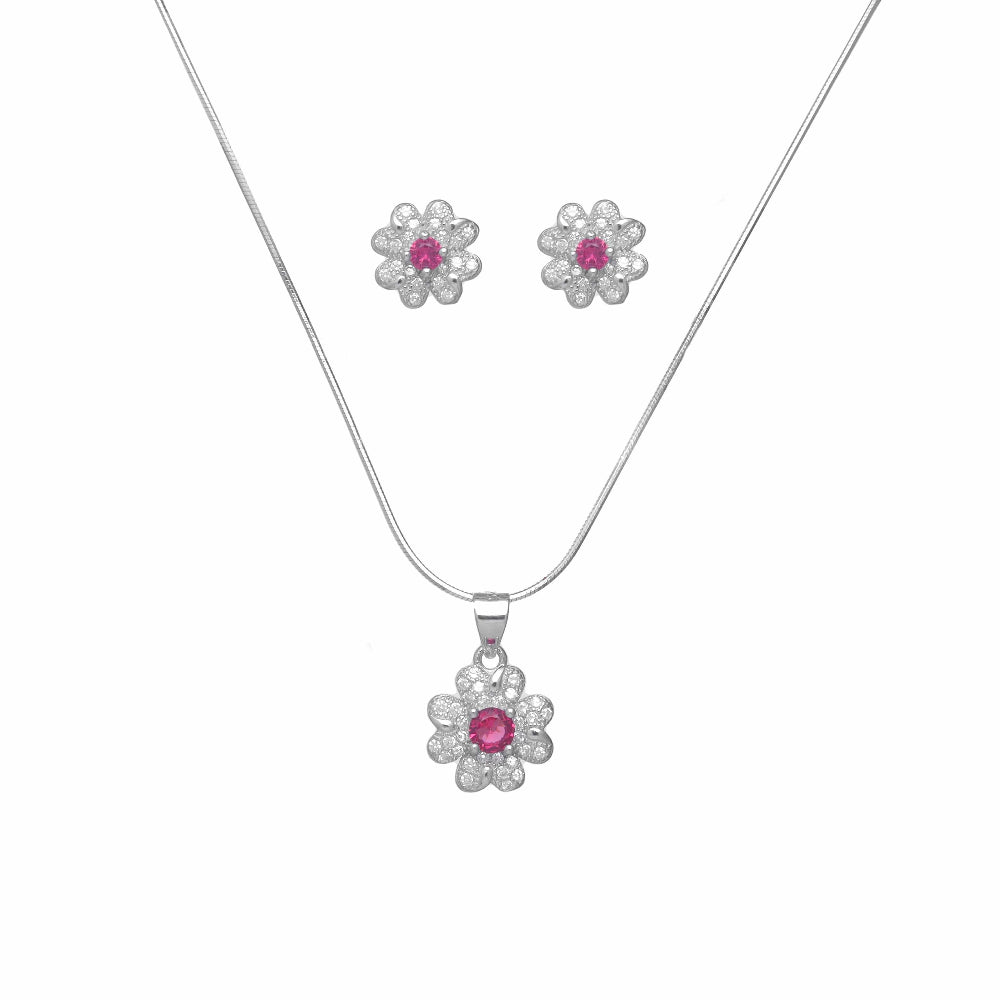 925 Silver Pink Floral Chain Pendant - 925 sterling silver pendant by Tassya Silver