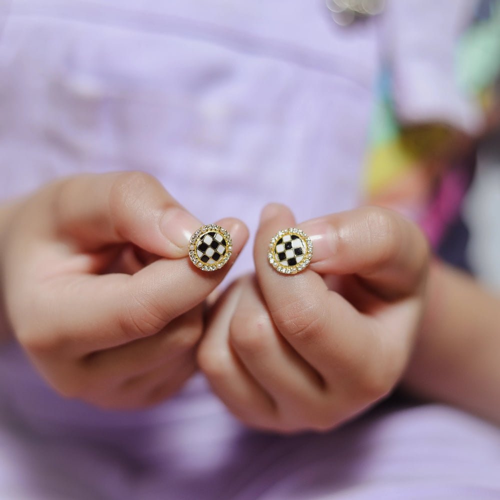925 Silver Gold Checkered Halo Baby Studs - 925 sterling silver earrings by Tassya Silver