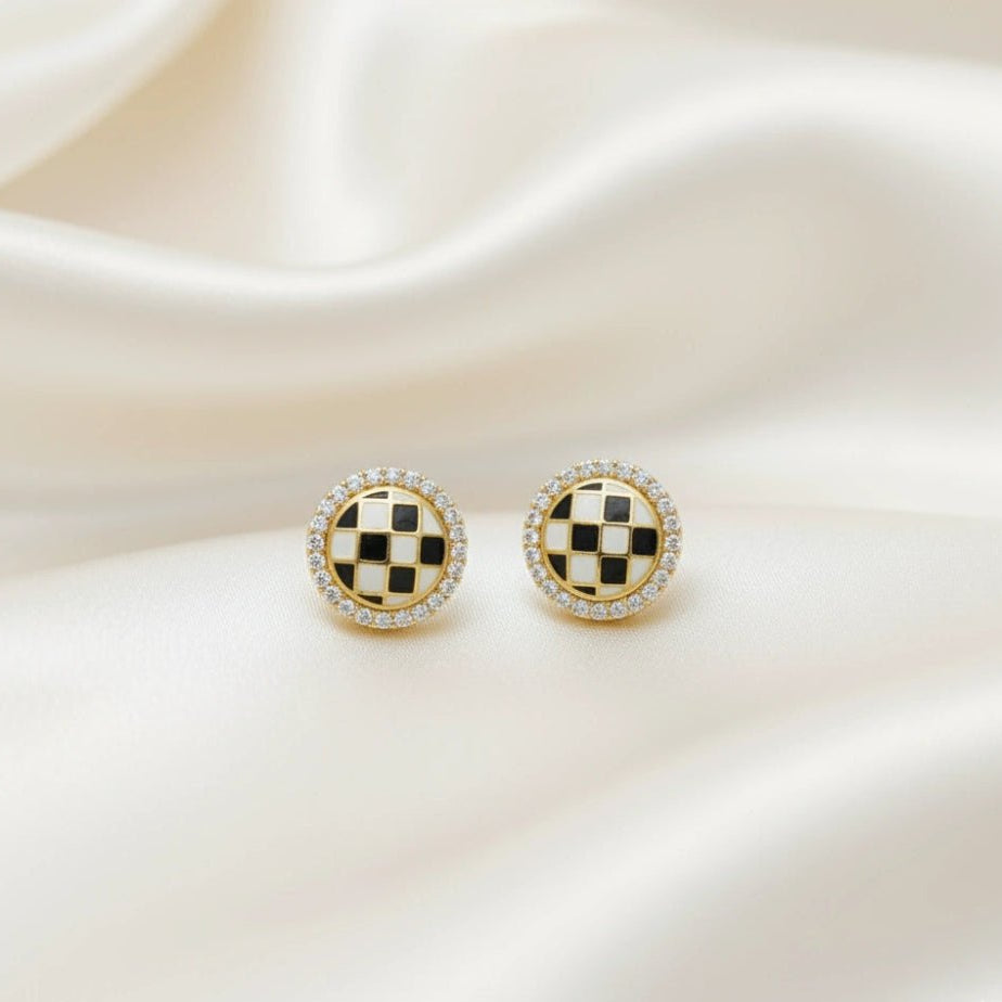 925 Silver Golden Checkered Halo Studs - 925 sterling silver earrings by Tassya Silver