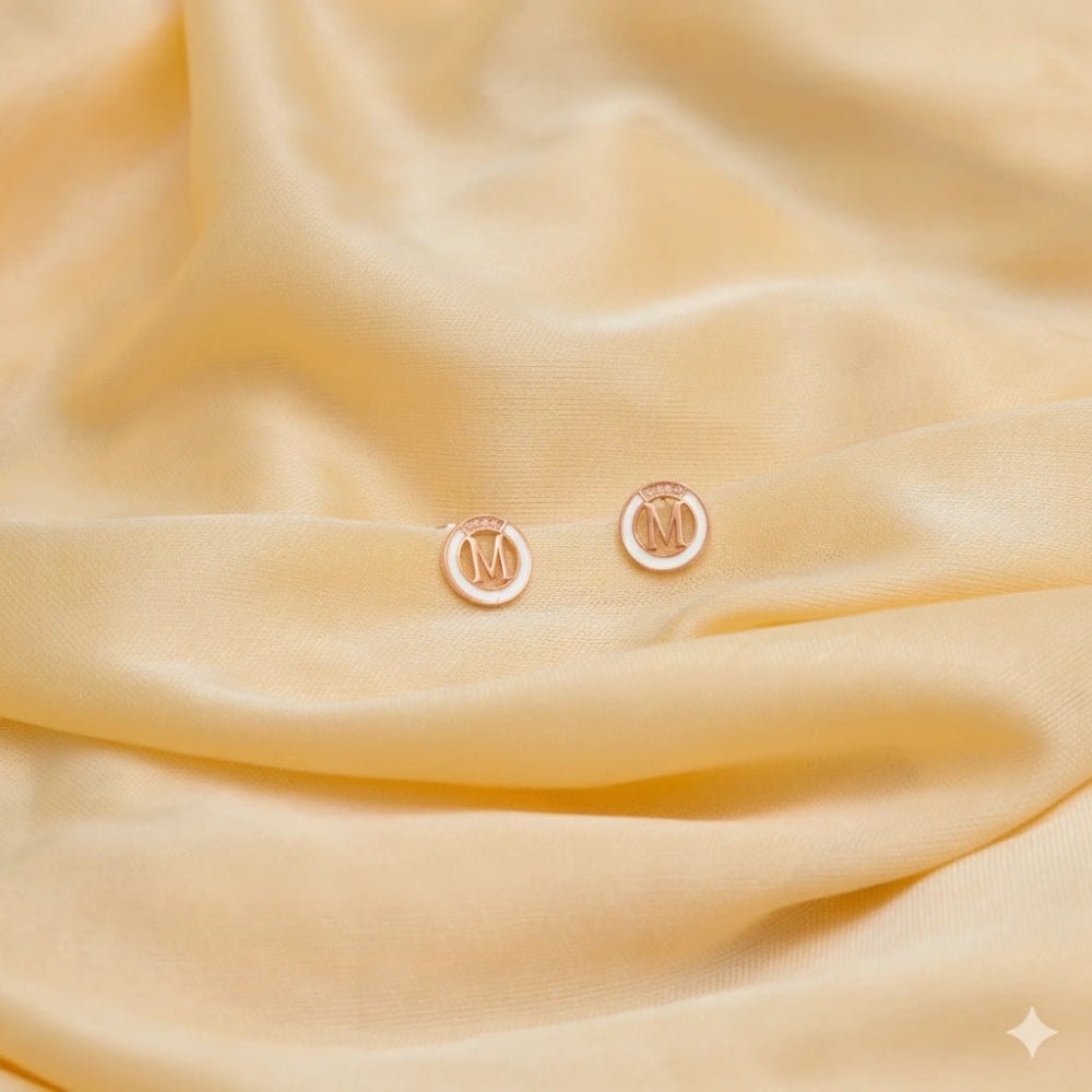 925 Silver Rose Gold "M" Initial Baby Studs - 925 sterling silver earrings by Tassya Silver