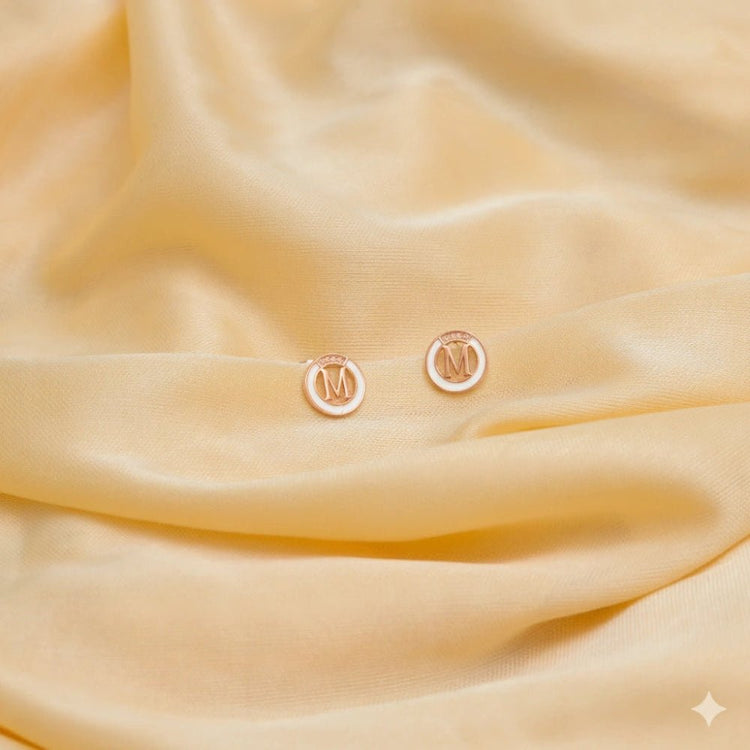 925 Silver Rose Gold "M" Initial Baby Studs - 925 sterling silver earrings by Tassya Silver