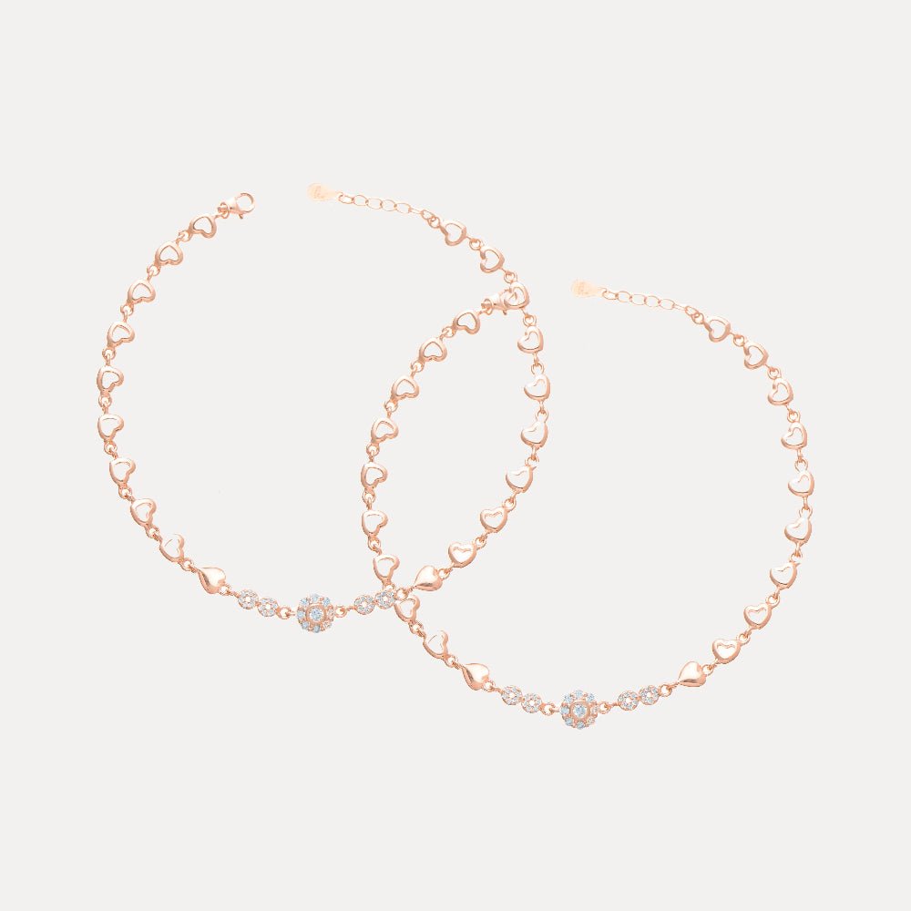 925 Silver Rosegold Heart Charm Anklet - 925 sterling silver anklet by Tassya Silver