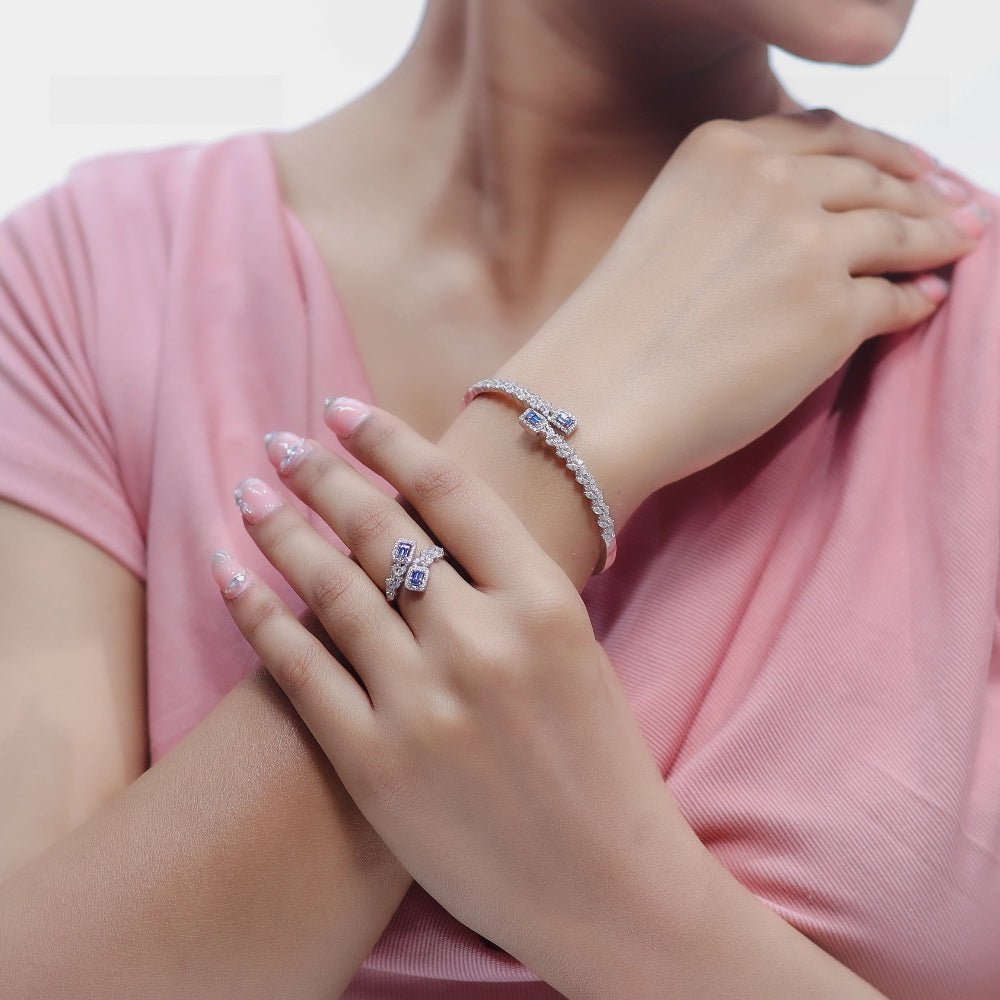 925 Silver Sapphire Bloom Kada & Ring Set - 925 sterling silver bracelet by Tassya Silver