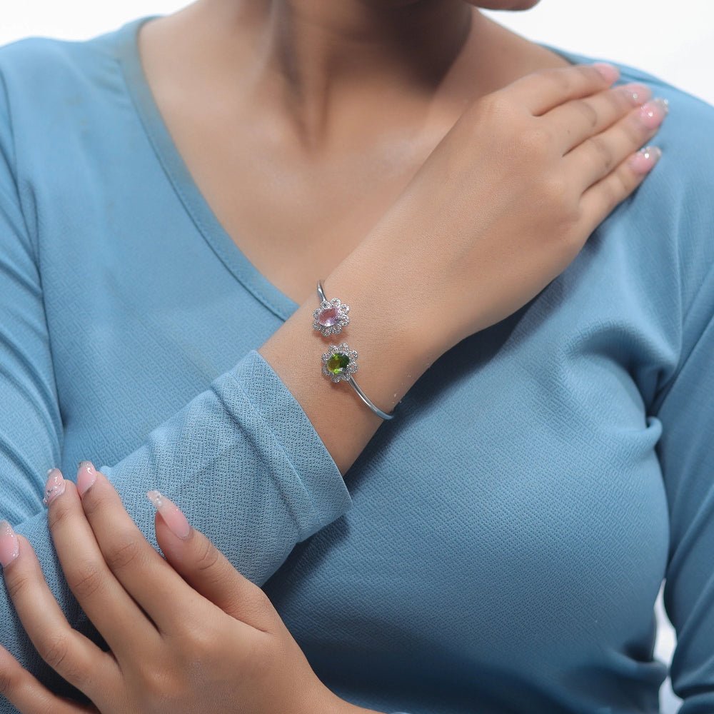 925 Silver Blooming Duo Gemstone Kada - 925 sterling silver bracelet by Tassya Silver