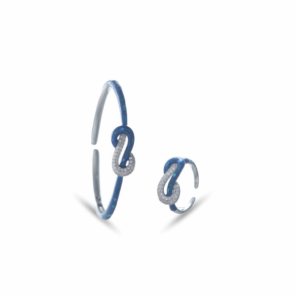 925 Silver Blue Infinity Kada & Ring Set - 925 sterling silver bracelet by Tassya Silver