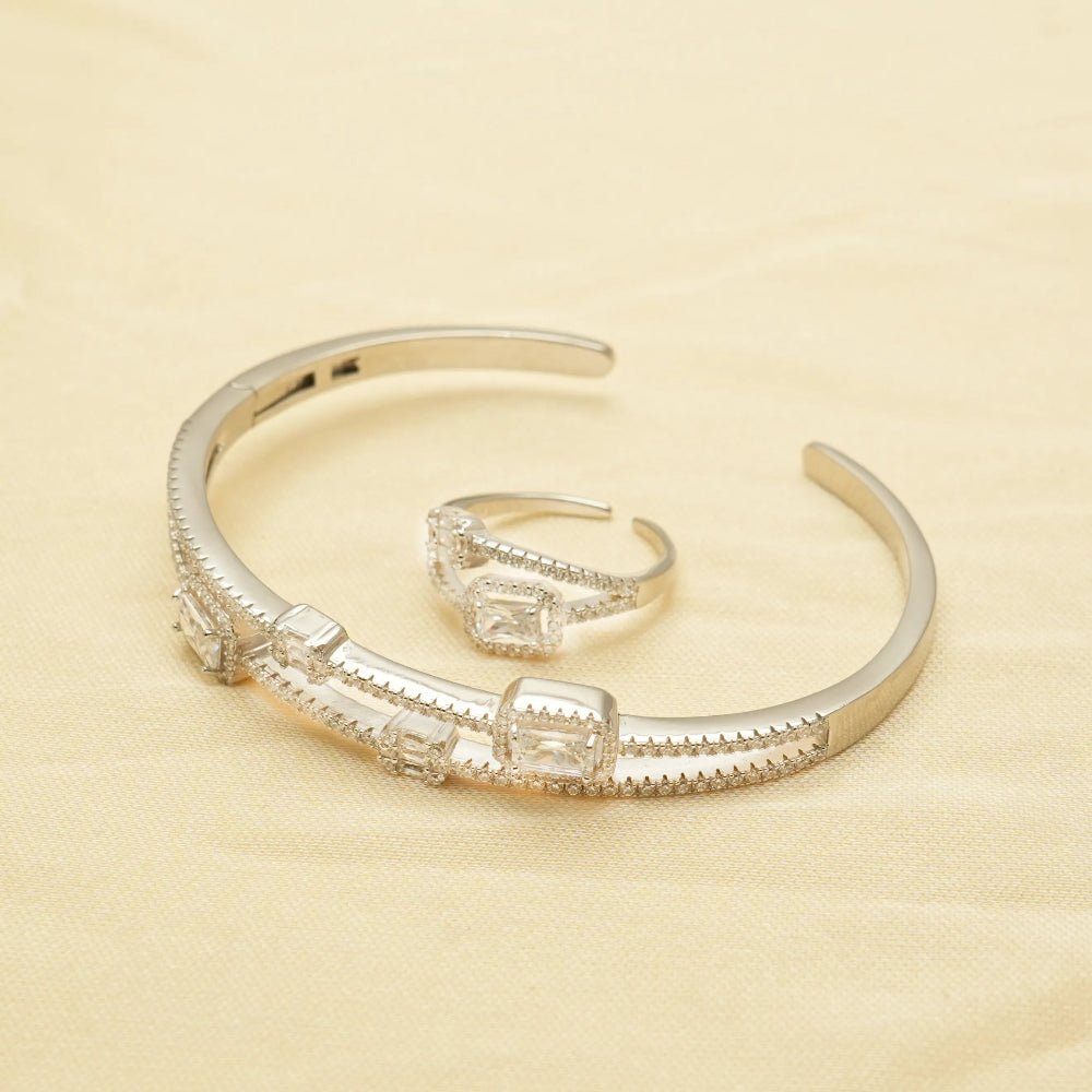 925 Silver Crystal Square Kada & Ring Set - 925 sterling silver bracelet by Tassya Silver