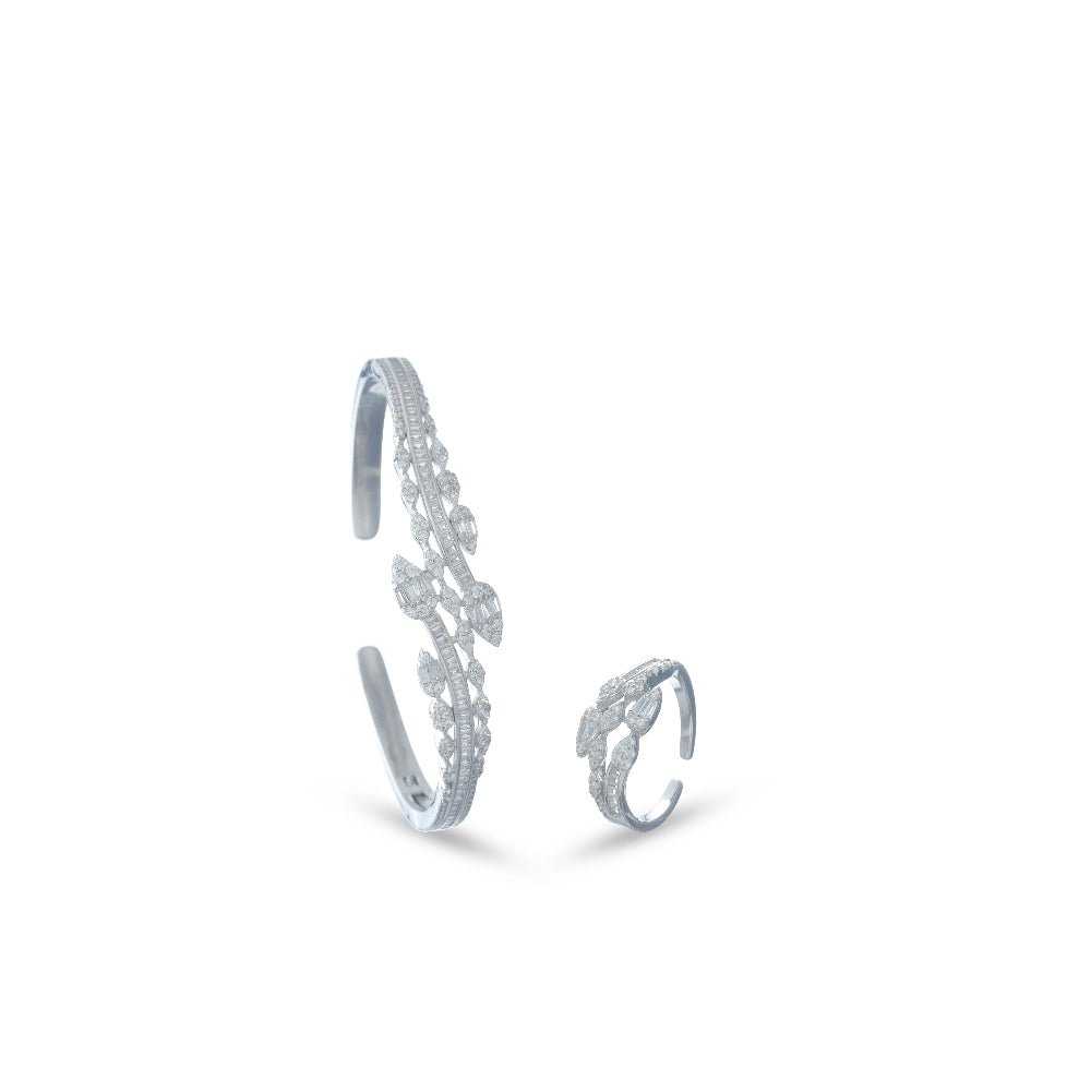 925 Silver Diamond Cluster Kada & Ring Set - 925 sterling silver bracelet by Tassya Silver