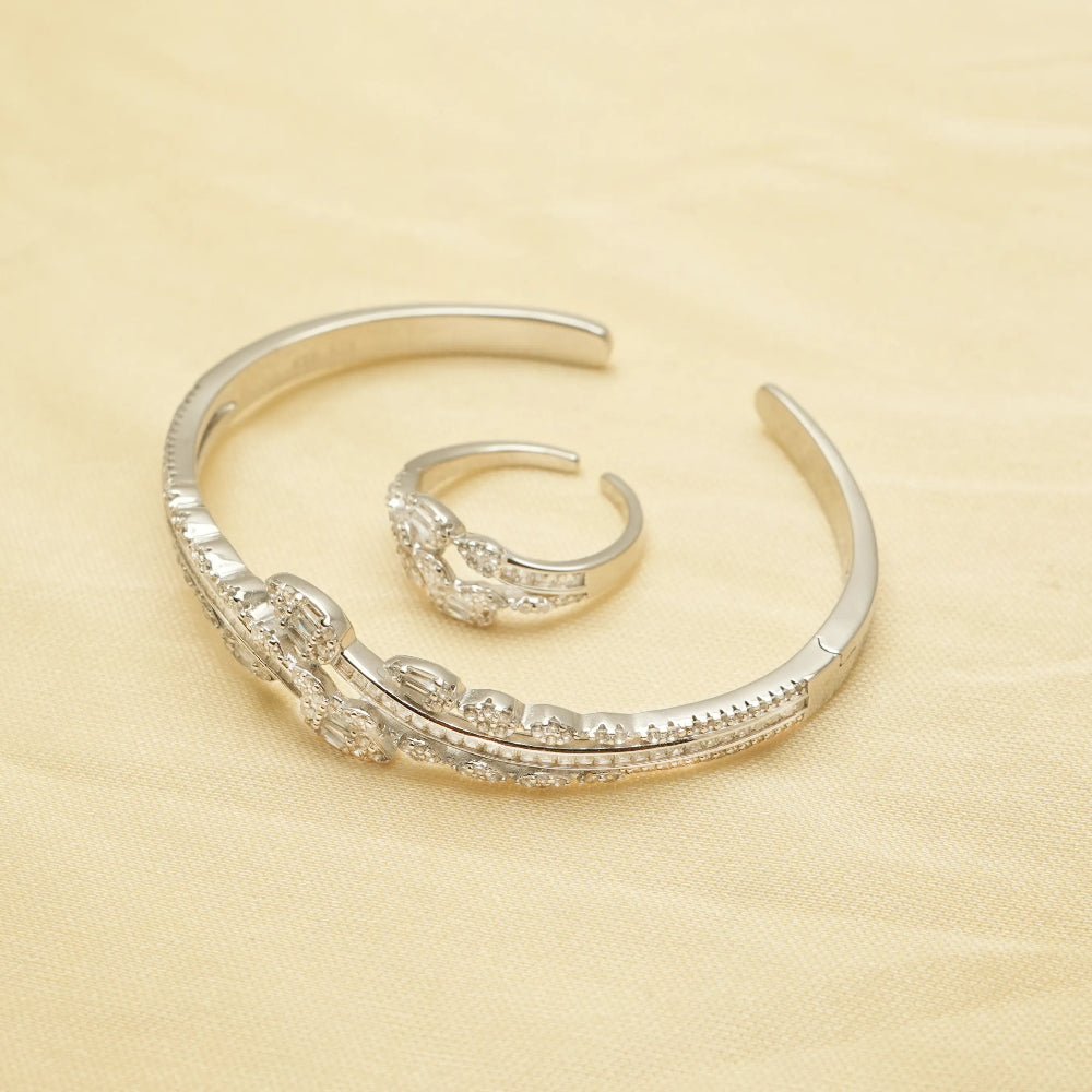 925 Silver Diamond Cluster Kada & Ring Set - 925 sterling silver bracelet by Tassya Silver