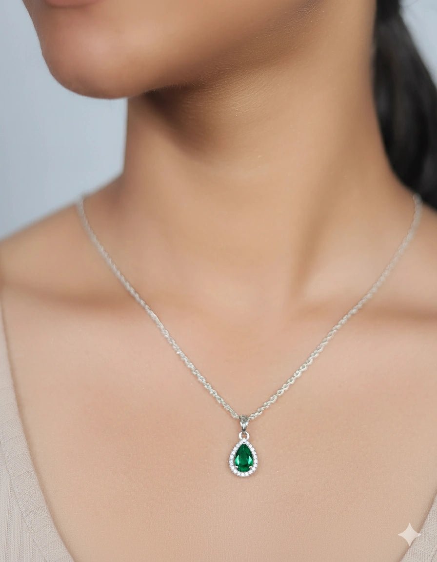 925 Silver Emerald Tear Drop Pendant - 925 sterling silver pendant by Tassya Silver