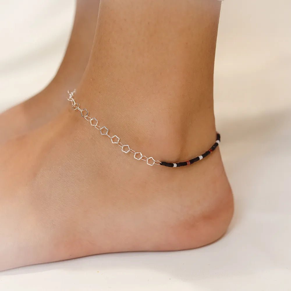925 Silver Hexa Link Bead Anklet - 925 sterling silver anklet by Tassya Silver