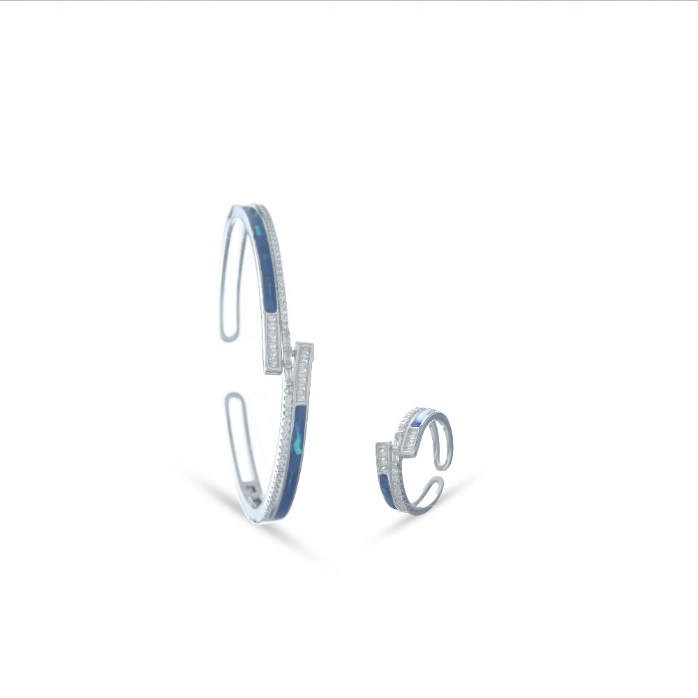 925 Silver Ocean Gleam Kada Ring Set - 925 sterling silver bracelet by Tassya Silver
