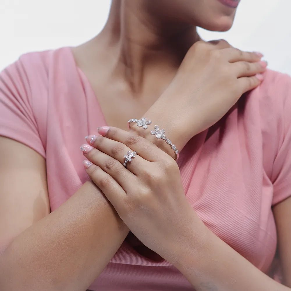 925 Silver Petal Glow Kada & Ring Set - 925 sterling silver bracelet by Tassya Silver