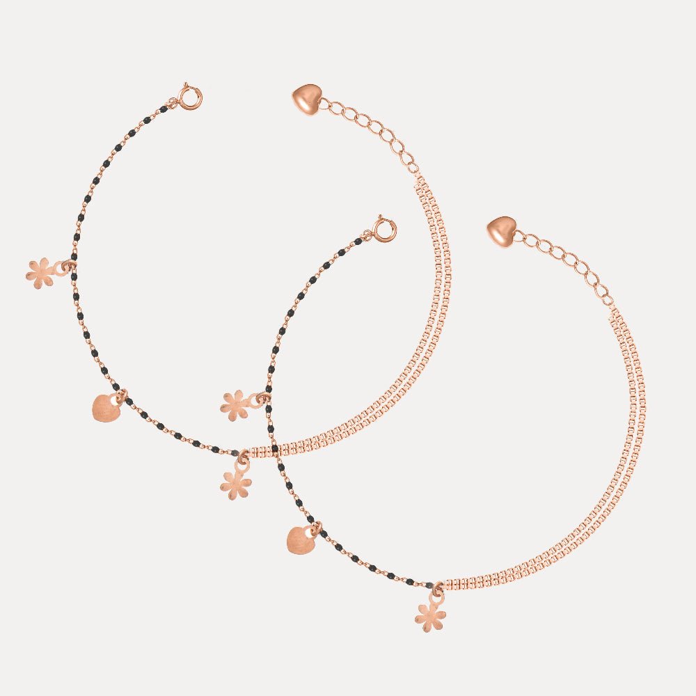 925 Silver Rose Gold Black Bead Anklet - 925 sterling silver anklet by Tassya Silver