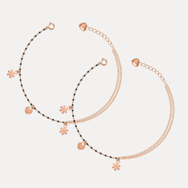 925 Silver Rose Gold Black Bead Anklet - 925 sterling silver anklet by Tassya Silver