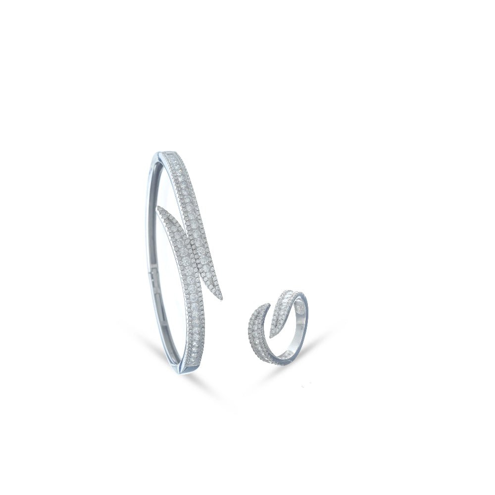 925 Silver Sparkle Wave Kada & Ring Set - 925 sterling silver bracelet by Tassya Silver