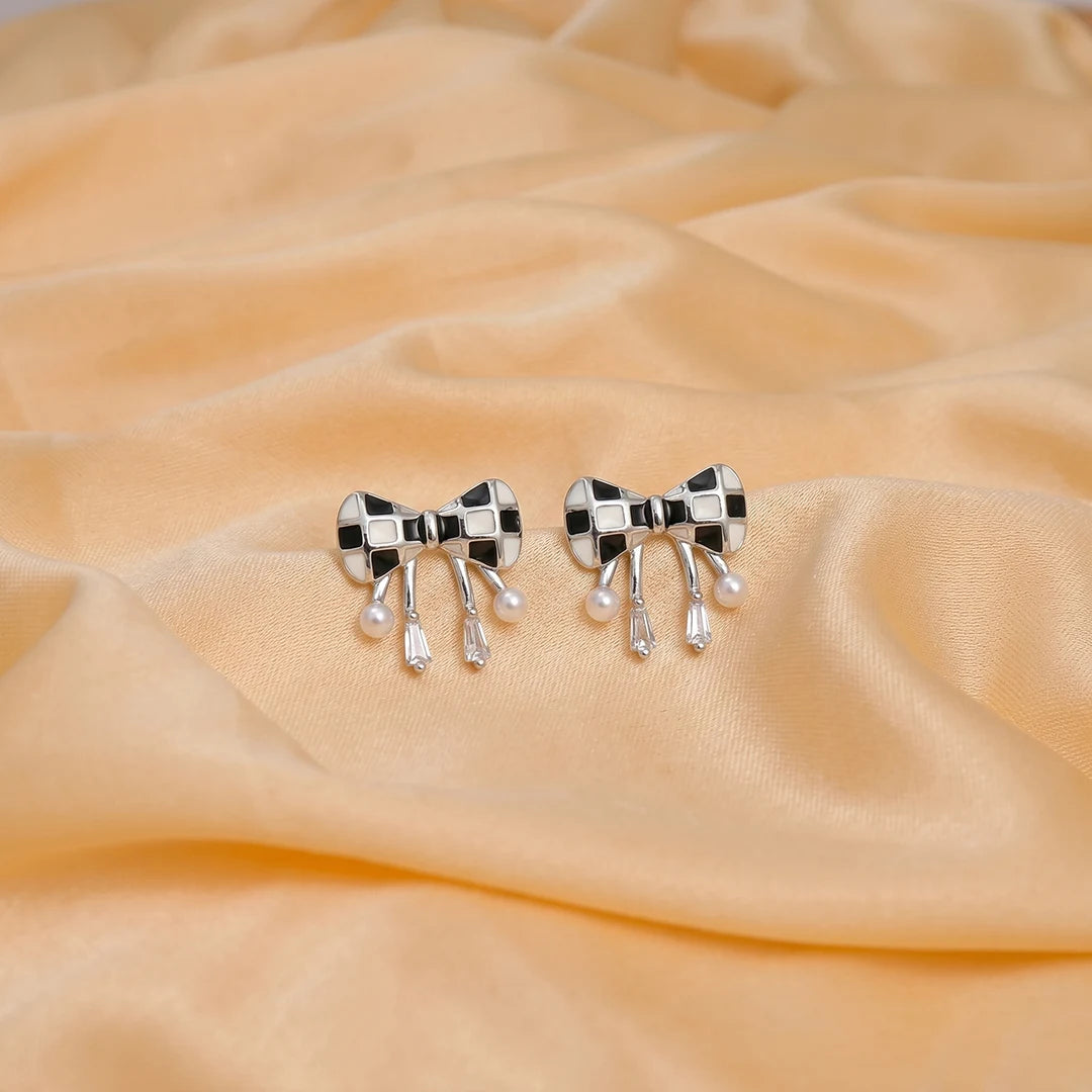 925 Silver Checkered Bow Dangles - 925 sterling silver earrings by Tassya Silver
