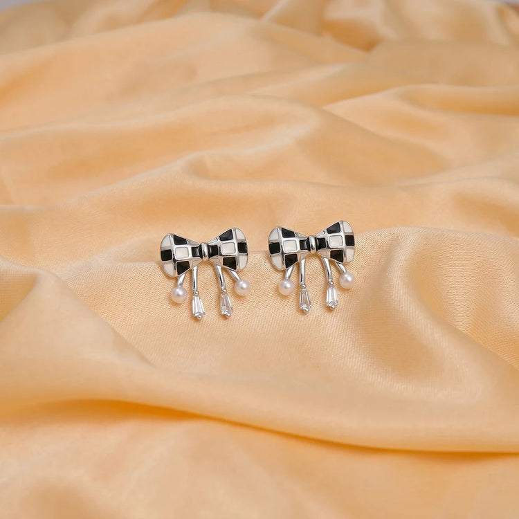 925 Silver Checkered Bow Dangles - 925 sterling silver earrings by Tassya Silver
