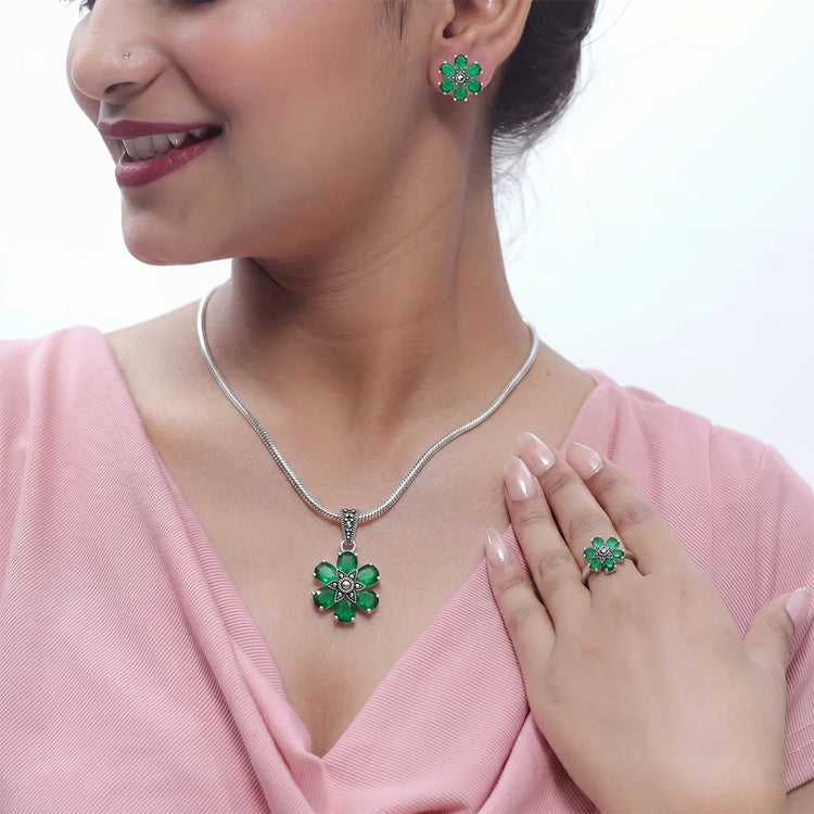 925 Silver Emerald Bloom Elegance Set - 925 sterling silver jewellery set by Tassya Silver