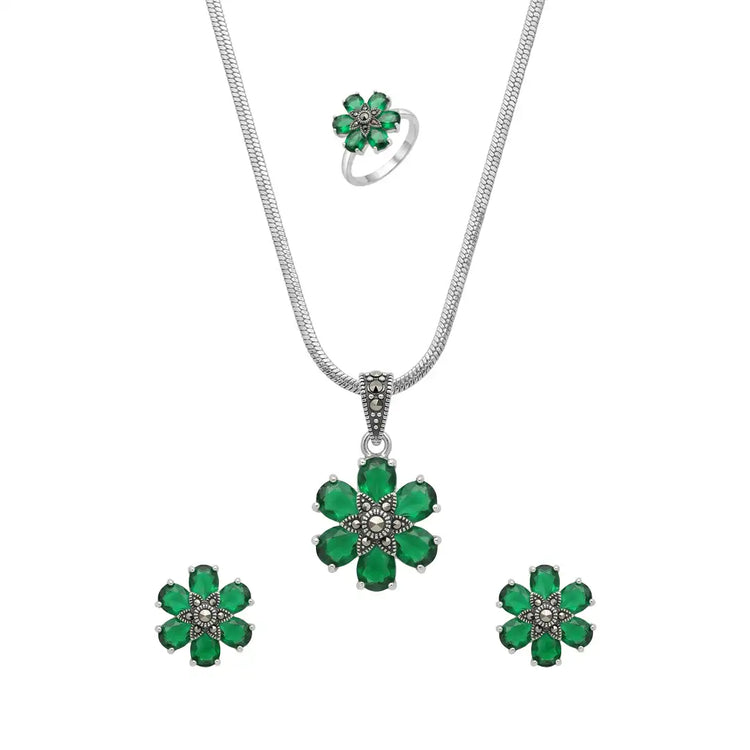 925 Silver Emerald Bloom Elegance Set - 925 sterling silver jewellery set by Tassya Silver