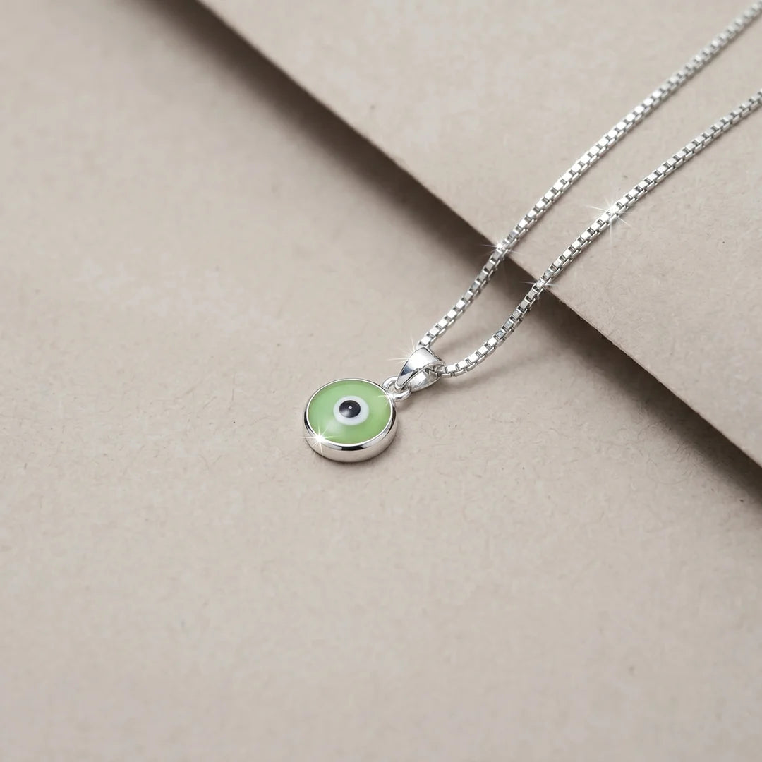 925 Silver Lucky Green Evil Eye Chain Pendant - 925 sterling silver pendant by Tassya Silver