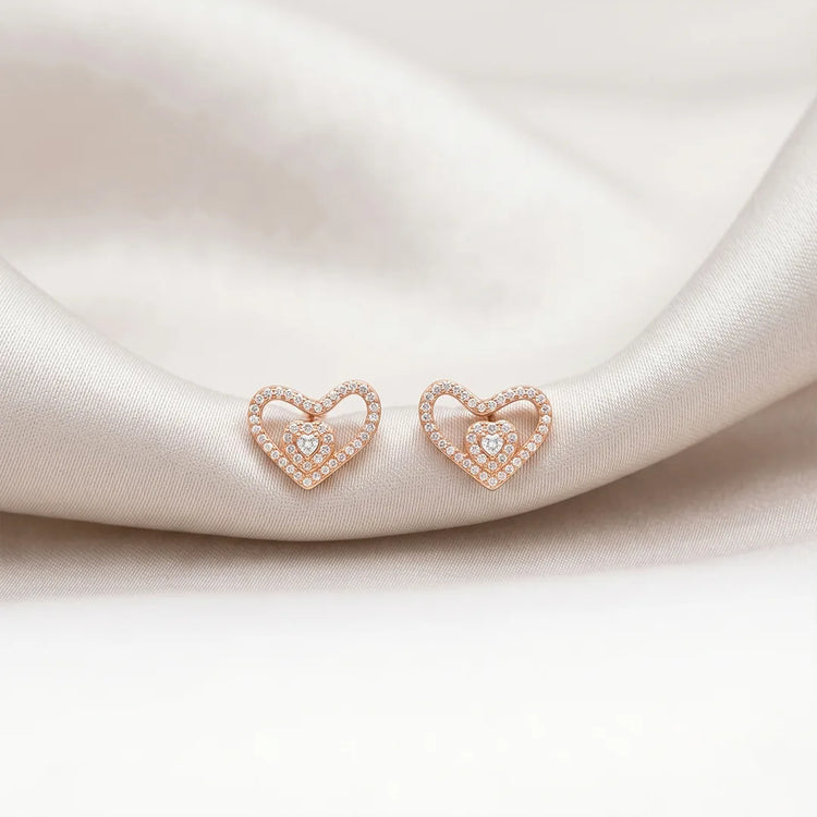 925 Silver Rose Gold Nested Heart Sparkle Studs - 925 sterling silver earrings by Tassya Silver