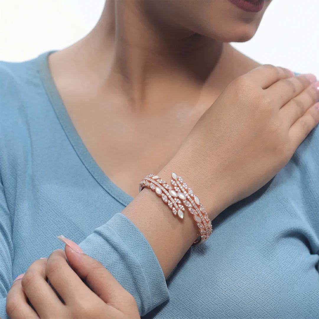 925 Silver Rose Leaf Spark Kada - 925 sterling silver bracelet by Tassya Silver