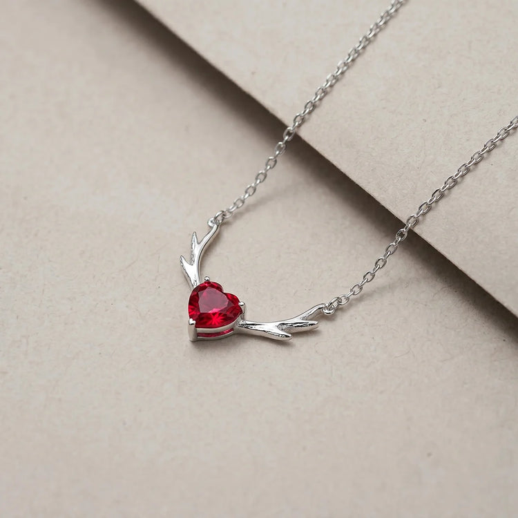 925 Silver Ruby Antler Heart Chain Pendant - 925 sterling silver pendant by Tassya Silver
