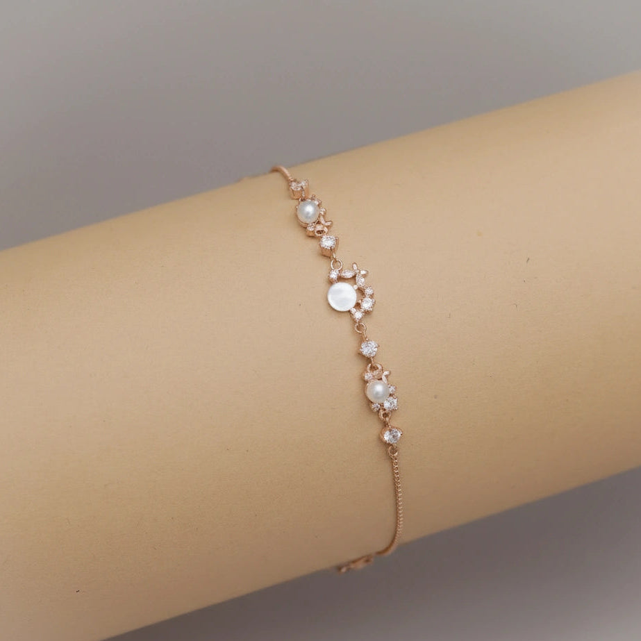 925 Silver Rose Gold Glow Pearl Charm Bracelet - 925 sterling silver bracelet by Tassya Silver