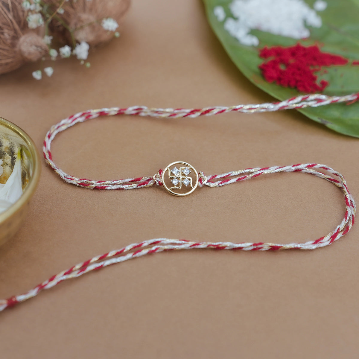 925 Silver Mangal Swastik Red Thread Rakhi