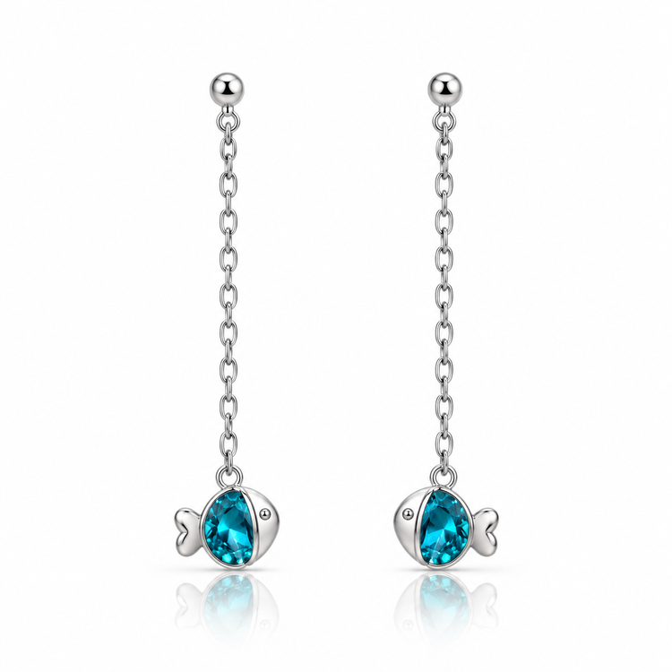 925 Silver Ocean Bliss Aqua Crystal Fish Drop Earrings