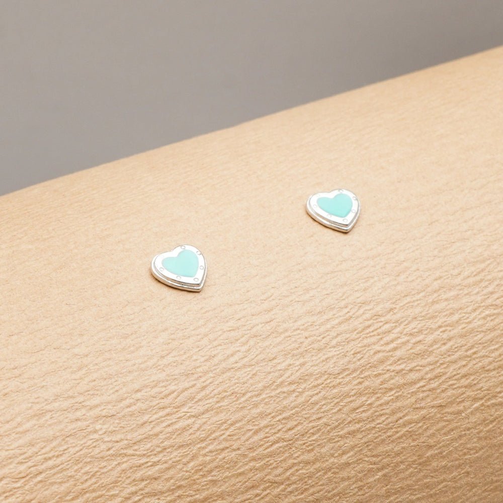 925 Silver Aqua Heart Baby Studs - 925 sterling silver earrings by Tassya Silver