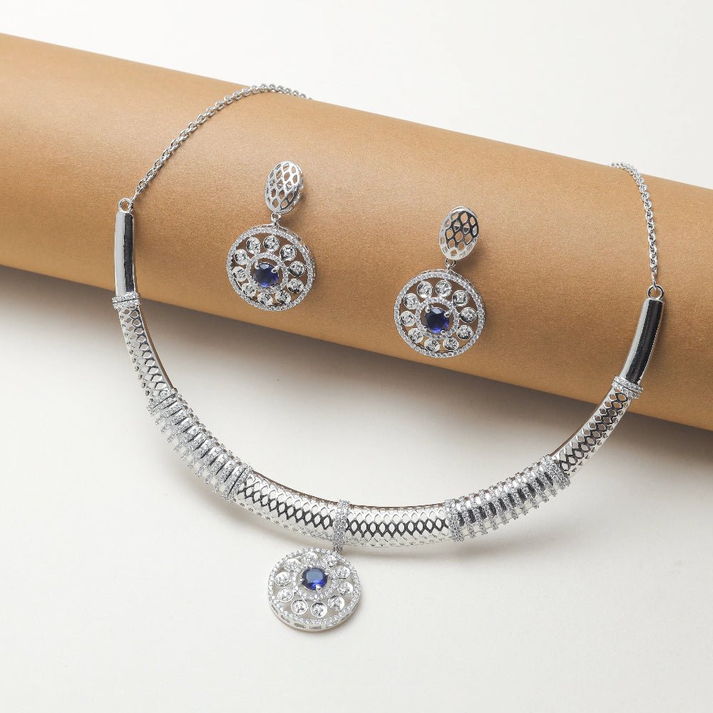925 Silver Blue Sapphire Necklace Set - 925 sterling silver necklace by Tassya Silver