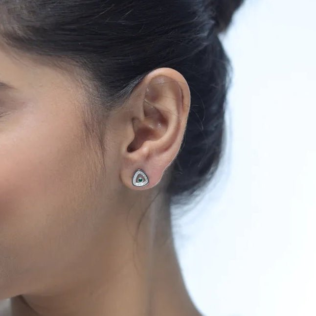 925 Silver Emerald Gleam Triangle Studs - 925 sterling silver earrings by Tassya Silver