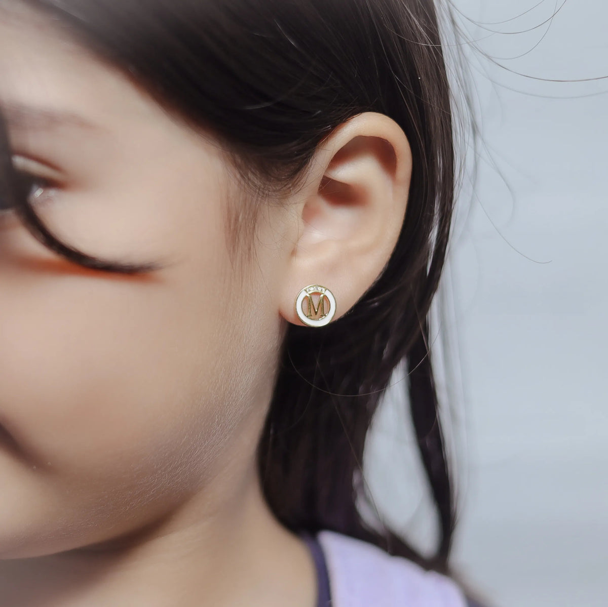 925 Silver Golden Initial M Studs for Baby - 925 sterling silver earrings by Tassya Silver