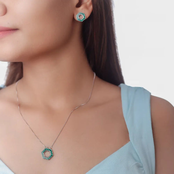 925 Silver Green Emerald Hexagon Chain Pendant Top