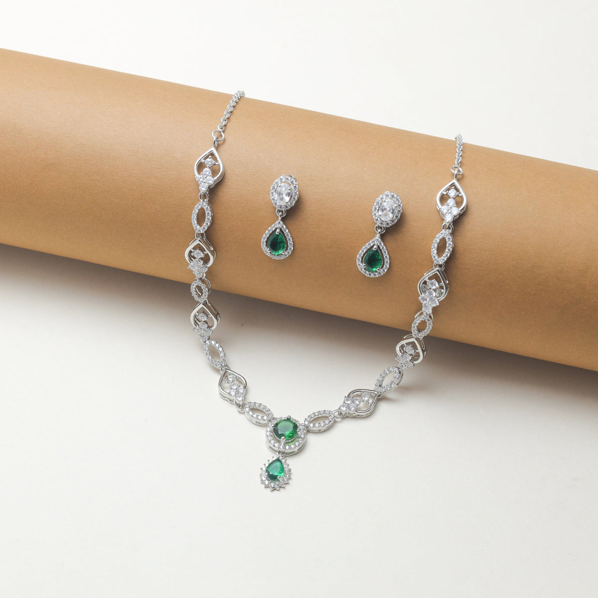 925 Silver Green Stone Necklace Set - 925 sterling silver necklace by Tassya Silver
