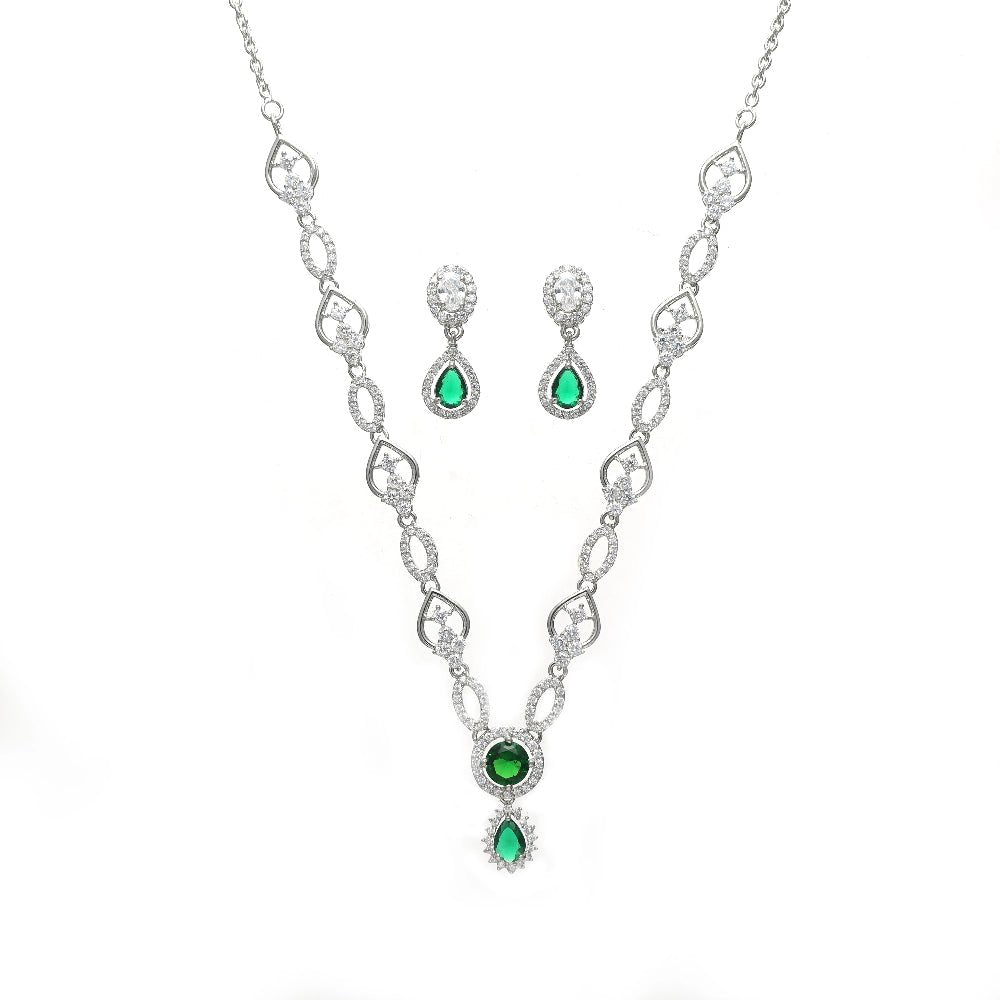 925 Silver Green Stone Necklace Set - 925 sterling silver necklace by Tassya Silver