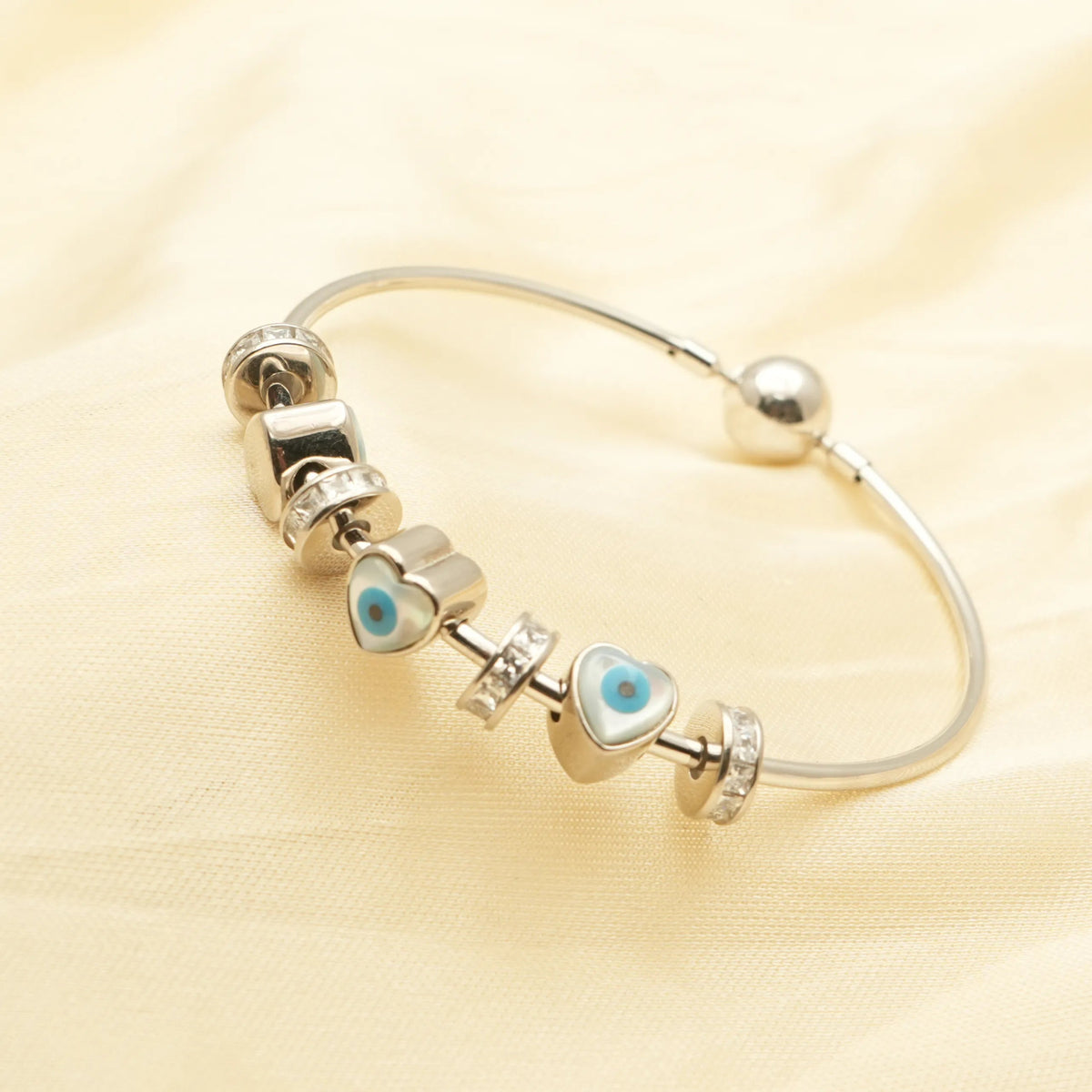 925 Silver Hearted Evil Eye Charm Kada - 925 sterling silver bracelet by Tassya Silver