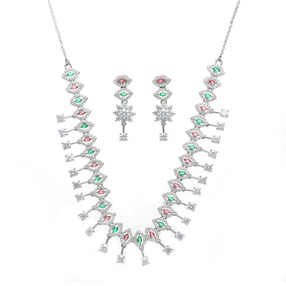 925 Silver Pink and Green Stone Necklace Set - 925 sterling silver necklace by Tassya Silver