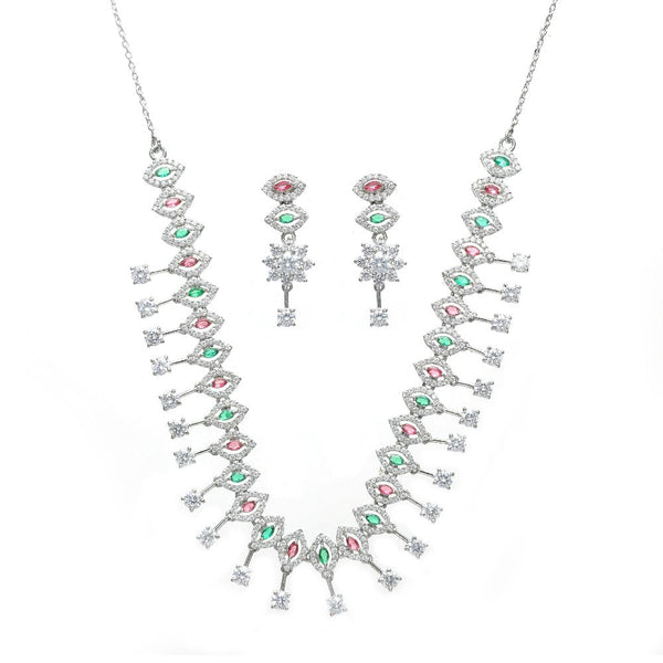 925 Silver Pink and Green Stone Necklace Set