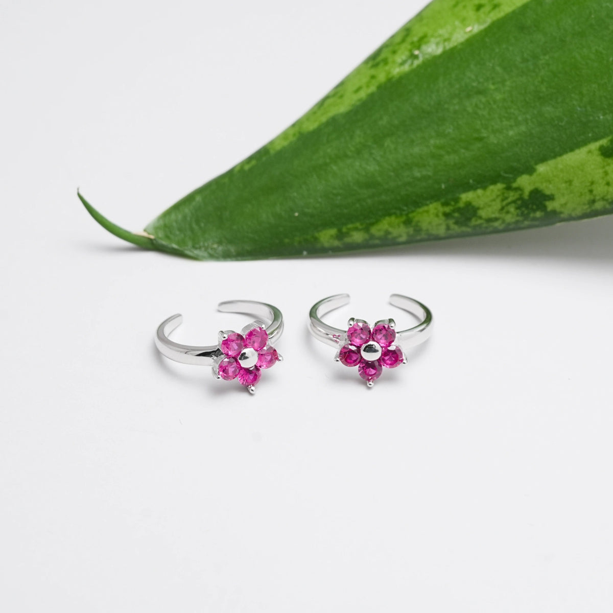 925 Silver Pink Rosy Bloom Toe Rings – Pack of 2 - 925 sterling silver ring by Tassya Silver